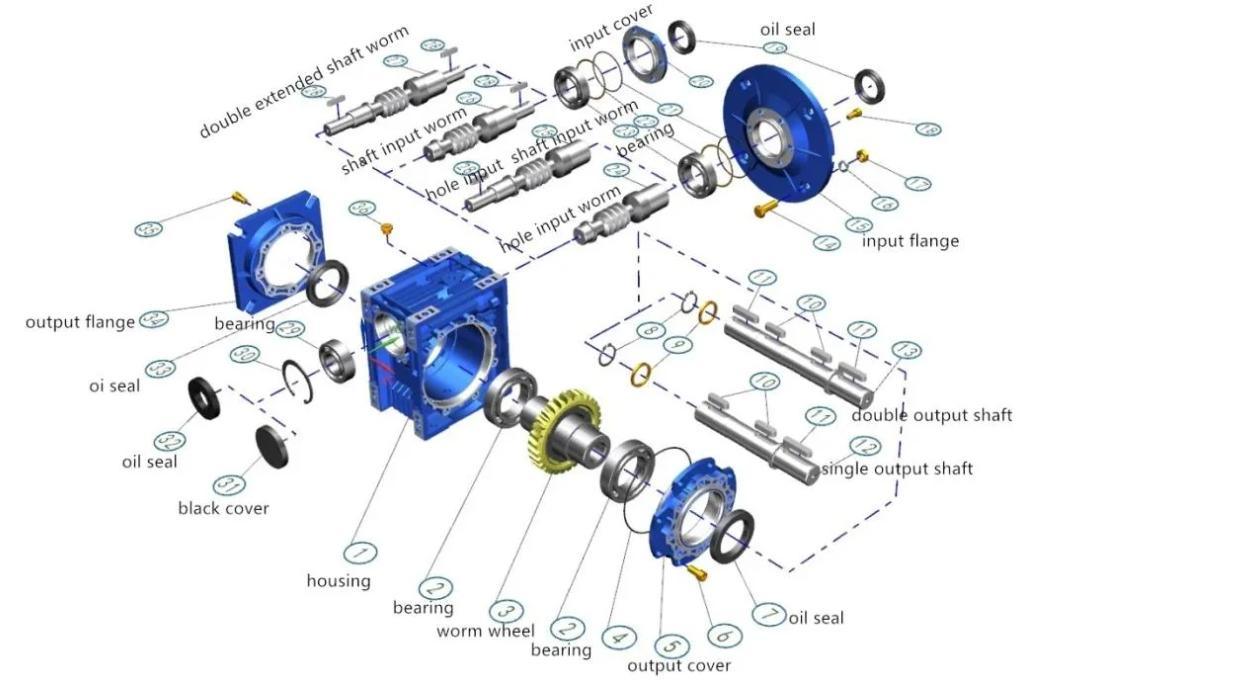 Detailed view of the worm gear reducer output shaft and mounting points